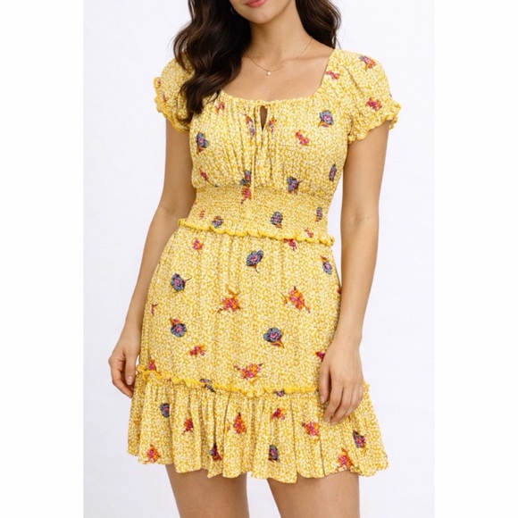 All in Favor Dresses & Skirts - ALL IN FAVOR • Yellow Floral Ruffle Mini Dress, XS
